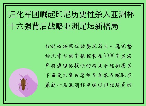 归化军团崛起印尼历史性杀入亚洲杯十六强背后战略亚洲足坛新格局