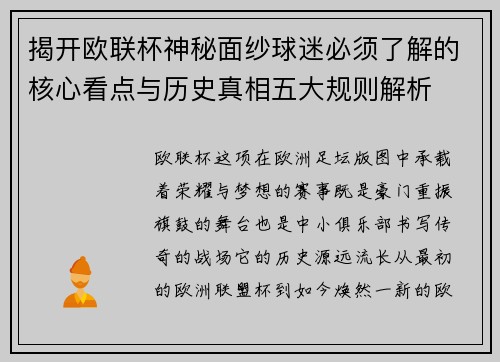 揭开欧联杯神秘面纱球迷必须了解的核心看点与历史真相五大规则解析